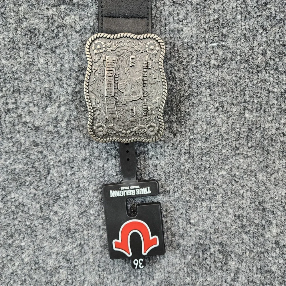 NWT True Religion Delano Plaque Buckle Black Bonded Leather Belt Size 36 Western